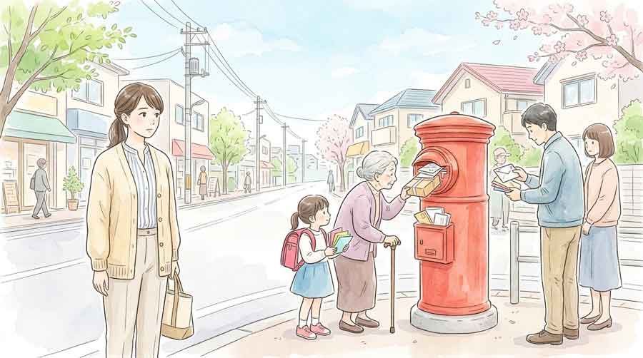 郵便ポストに荷物を投函する人々のイラスト、街並みの背景