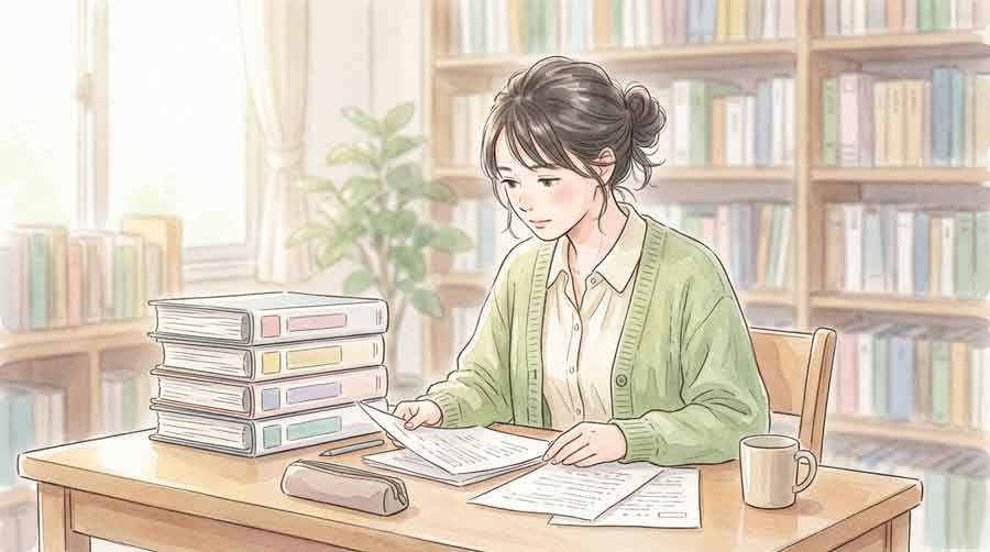 一般廃棄物と産業廃棄物の縦割り構造を資料で確認する女性