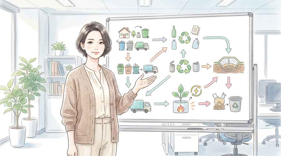 廃棄物処理の一貫体制構築を図解で理解しようとする女性