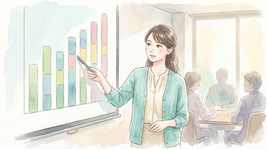 第1号被保険者の職業別内訳グラフを見つめる女性のイラスト