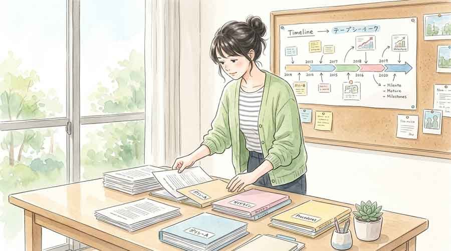 年金制度改正の資料を整理するデスクのイラスト