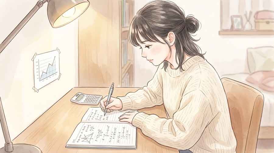 電卓とノートで年金の損益分岐点を計算する女性のイラスト