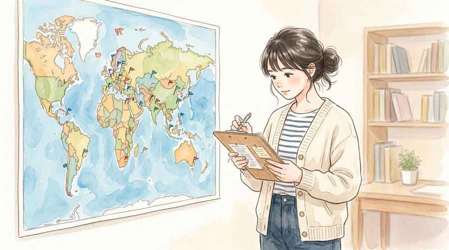 世界地図を見ながら各国の年金制度を比較する女性のイラスト
