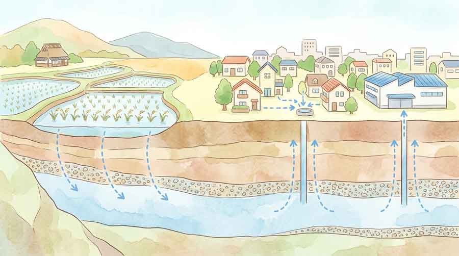 熊本の地下水都市と半導体産業を整理する図解イラスト