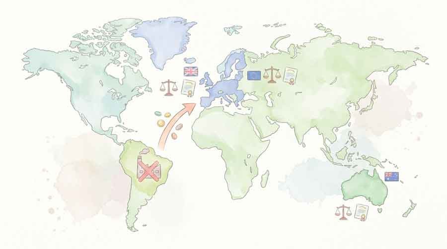 海外の環境規制と投資撤退の構造を整理するイラスト