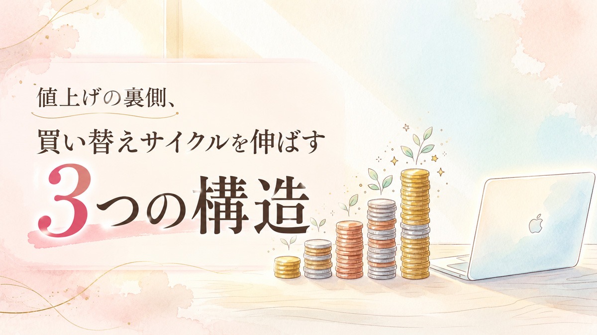 MacBook値上げの背景を資料で読み解く知的な女性のイラスト