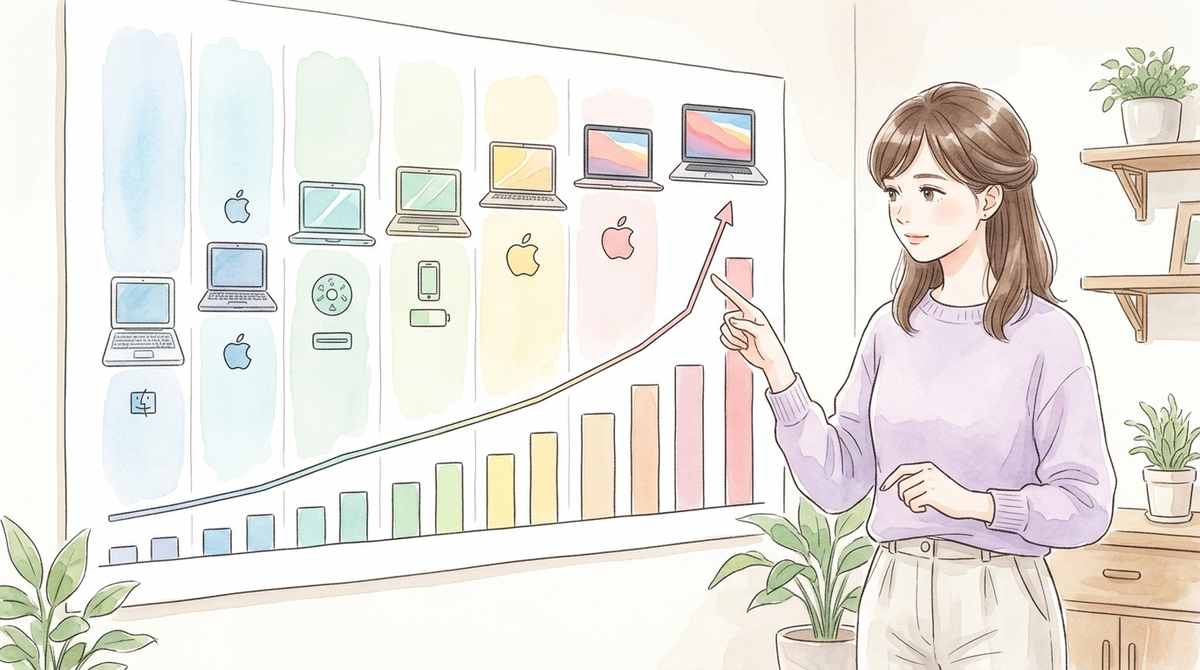 MacBook各世代の価格推移を表で確認する女性のイラスト