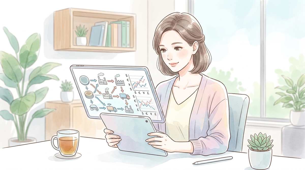 半導体不足の構造を図解する女性のイラスト