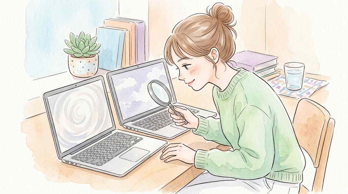 中古やApple認定整備済製品を検討する女性のイラスト