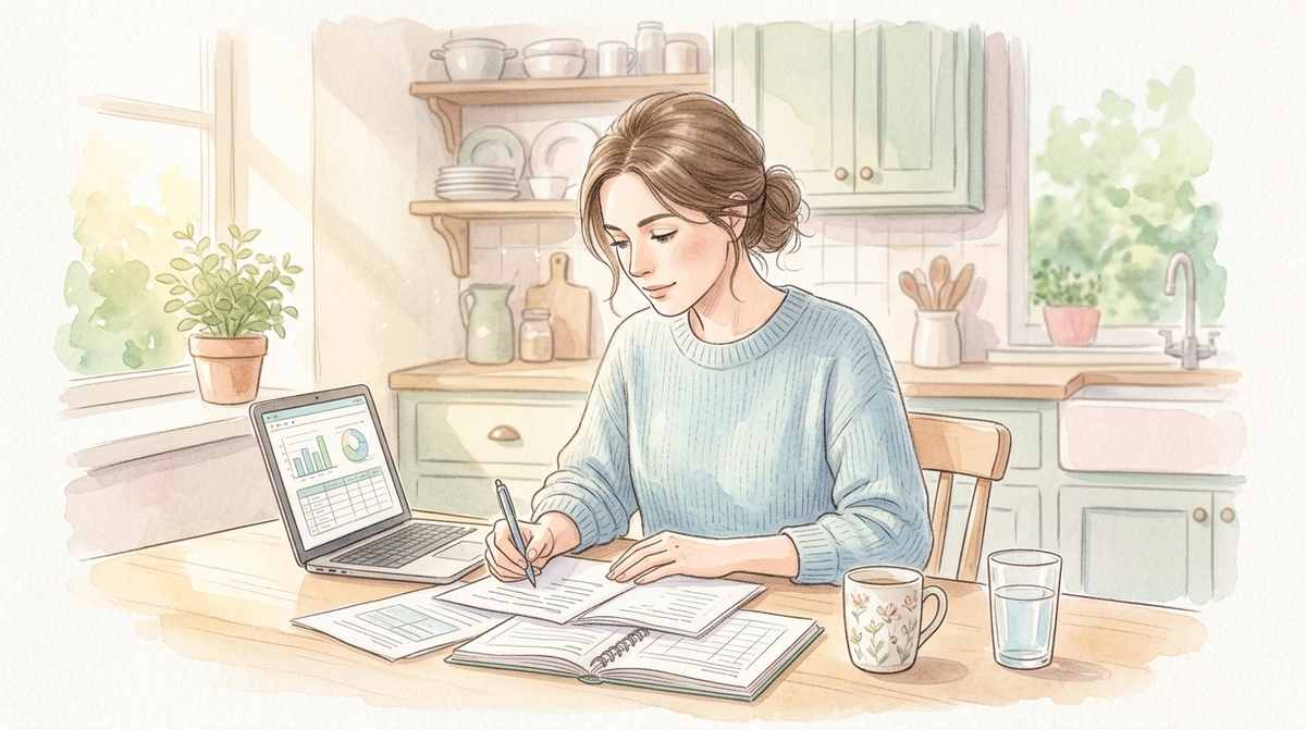 家計を見直しながらパソコンの買い替えを検討する女性のイラスト