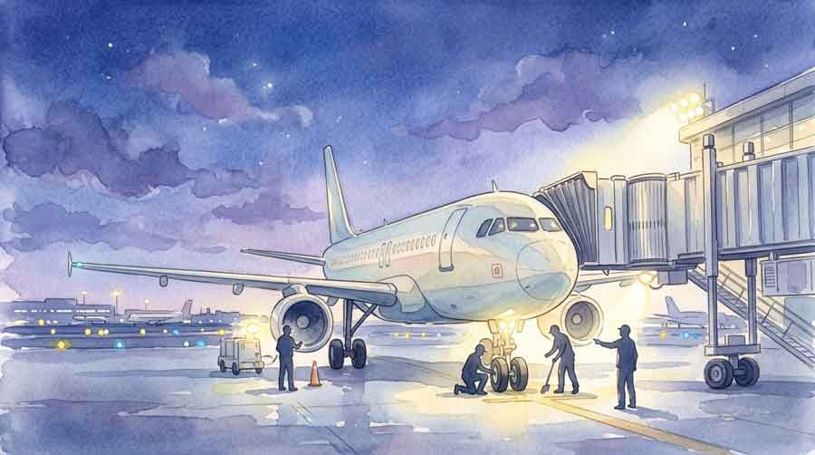 夜の空港でライン整備をする様子をイメージする女性