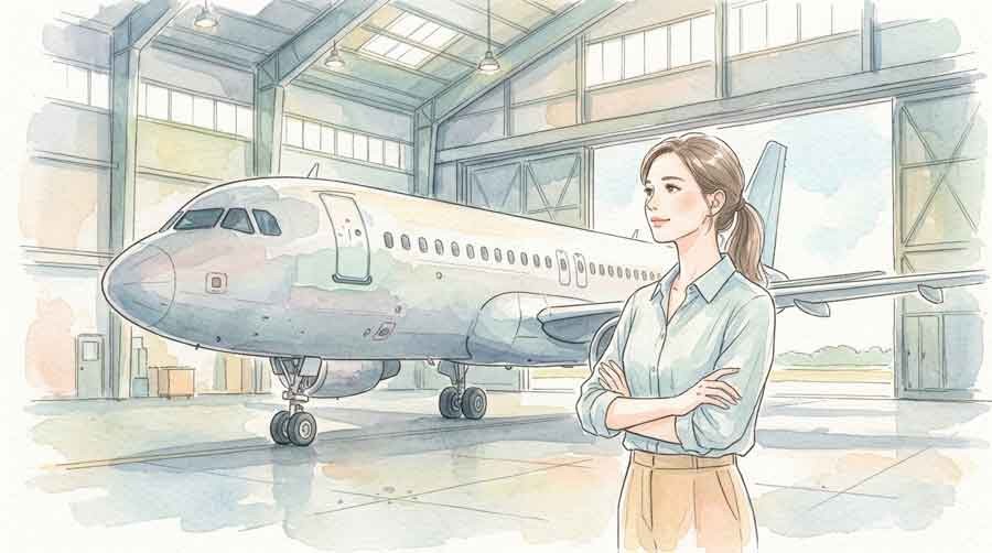 格納庫で実機を見学する知的な女性