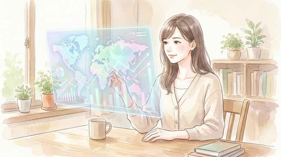 低気圧頭痛と片頭痛の違いを示す世界の患者数グラフを見る女性