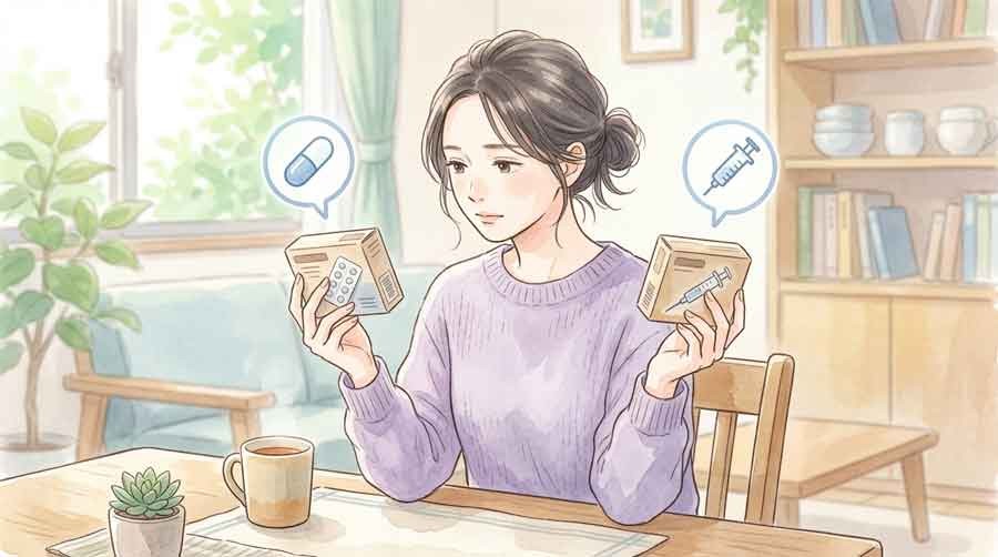 ゲパント製剤という新しい経口薬を比較検討する女性