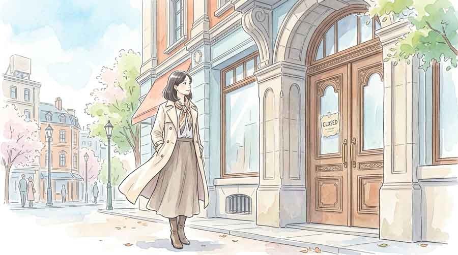 百貨店 なぜ潰れるのかを見つめる知的な女性と閉店の張り紙
