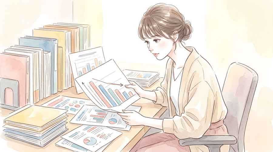 全国の百貨店閉店データを見つめる知的な女性