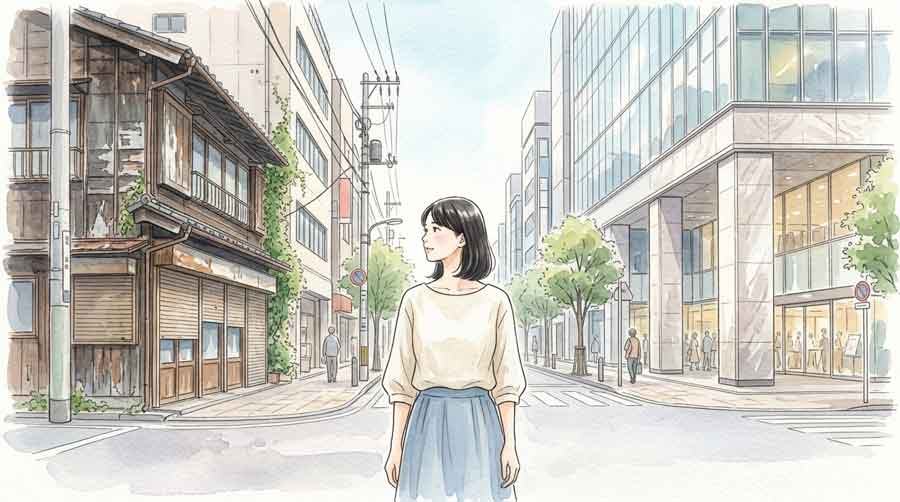 名古屋駅前の百貨店ビル群を見上げる女性