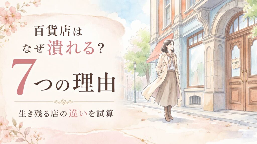 百貨店 なぜ潰れるのかを見つめる知的な女性と閉店の張り紙