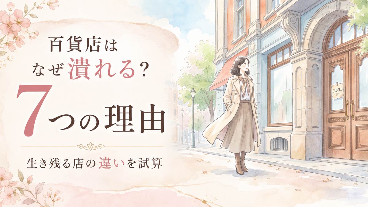 百貨店 なぜ潰れるのかを見つめる知的な女性と閉店の張り紙
