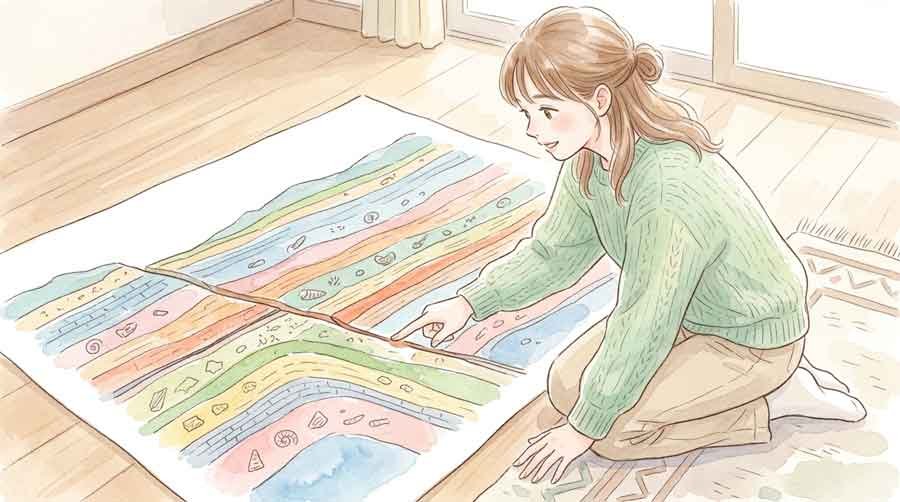横ずれ断層が動く様子を示す地層の断面イメージ