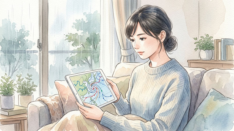 NHK ONE 天気防災マップの仕組みを整理する女性