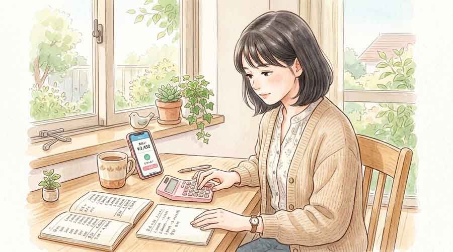 NHK ONE受信料の負担額を電卓で試算する女性