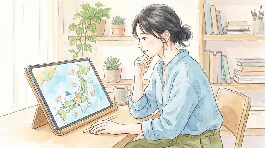 NHK ONEの天気防災マップと河川カメラを確認する女性