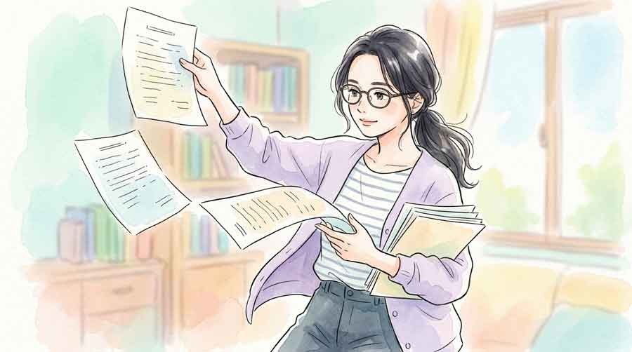 LINE有料化に関する3つのニュースを付箋で整理する女性の水彩画