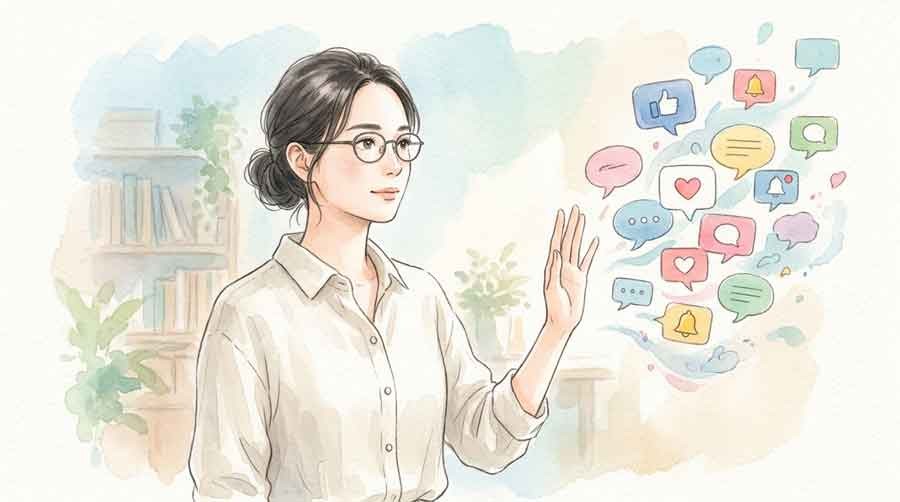SNSで拡散するLINE有料化デマの構造を図で分析する女性のイラスト