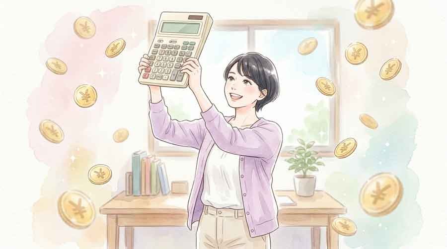 電卓と資料でLINE公式アカウントの料金改定を試算する女性の水彩画