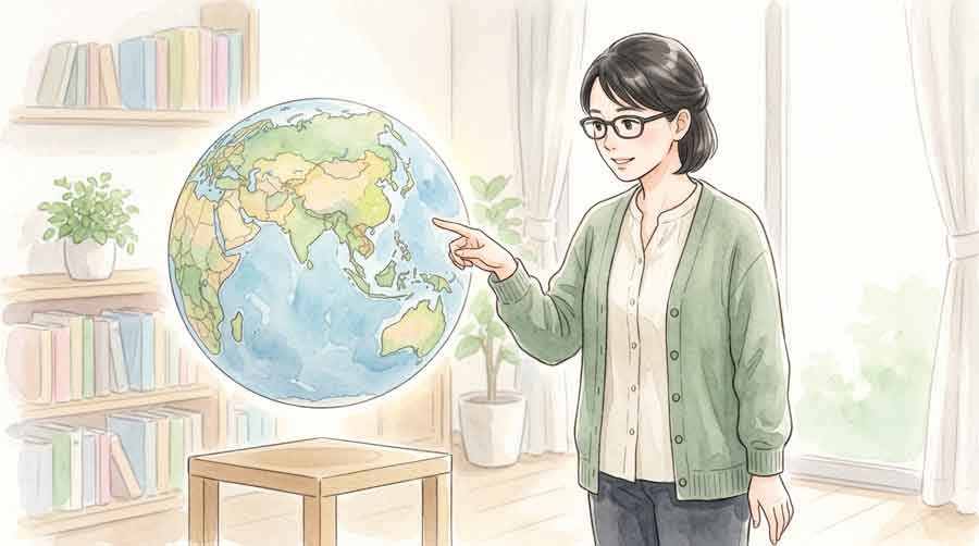世界地図を見ながら各国のLINE料金差を比較検討する女性のイラスト