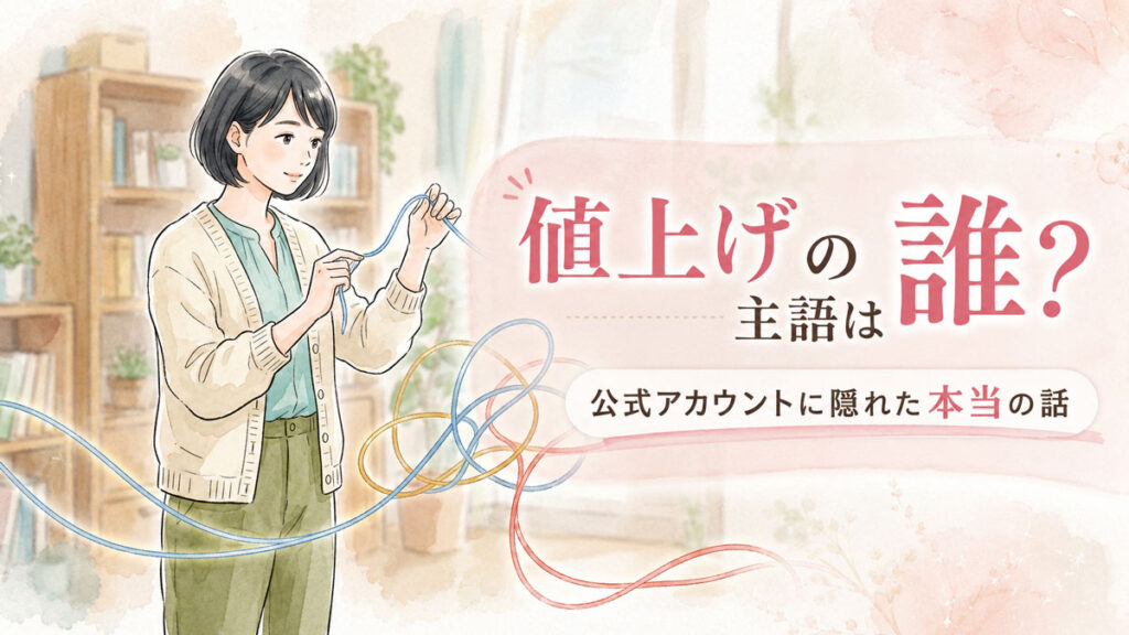 LINE有料化の噂の構造を図解で読み解く知的な女性の水彩イラスト