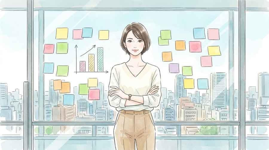 データを整理しながら働き方を分析する知的な女性のオフィスシーン
