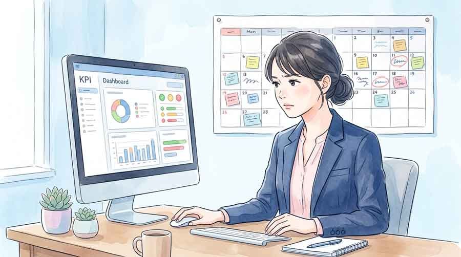 オフィスでKPI管理をする落ち着いた女性のシーン