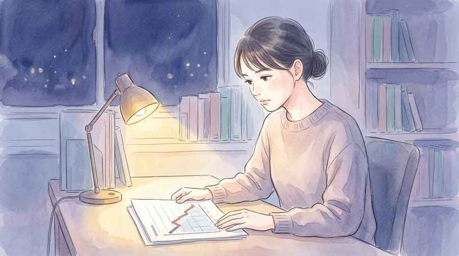 データグラフを見つめる真剣な表情の女性のデスクシーン