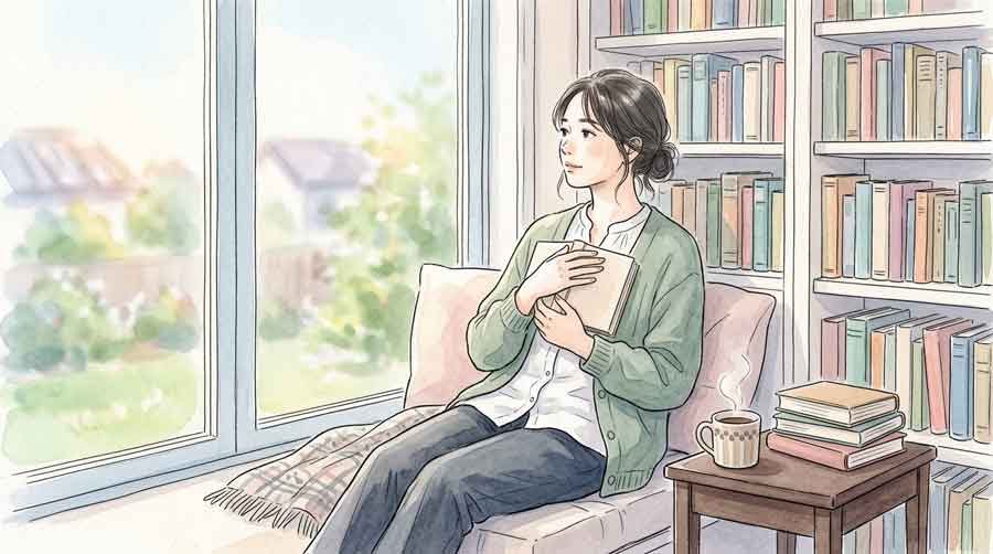 本を読みながら考え事をする落ち着いた雰囲気の女性