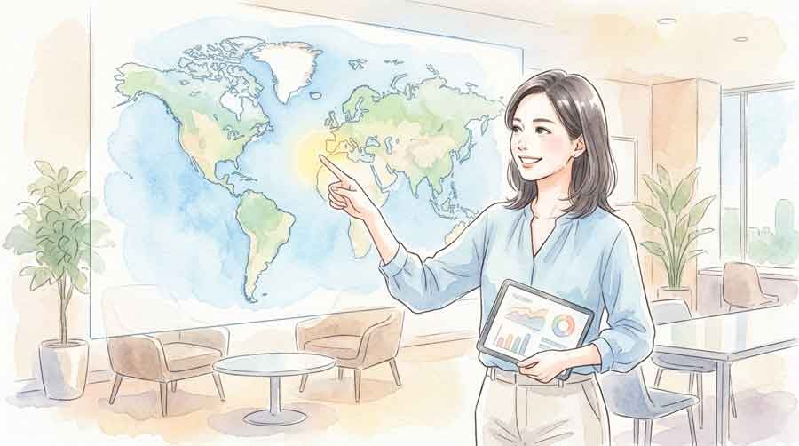 世界地図とデータを見ながら分析する女性のオフィスシーン