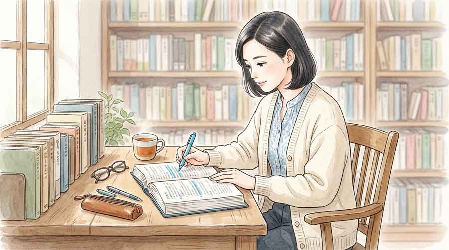 副首都法案の条文資料を読み込む知的な女性の様子