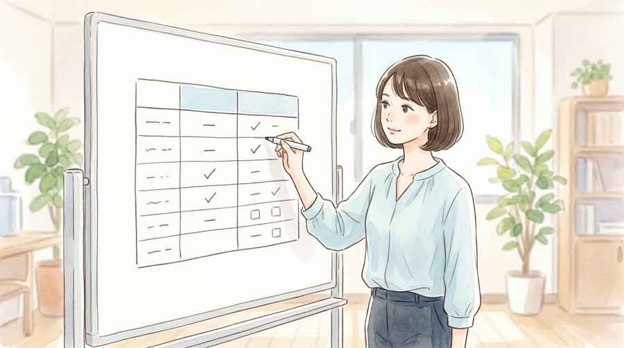 2つの制度の違いを比較表で確認する女性の手元