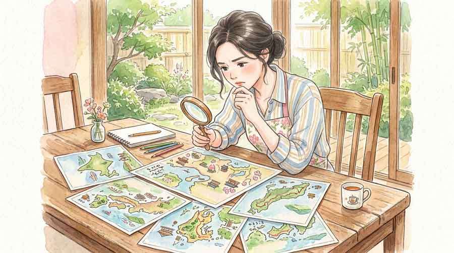 複数の候補地の資料を並べて比較検討する様子