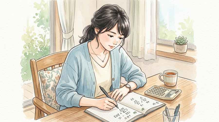 試算した数字をノートに書き出す知的な女性の様子