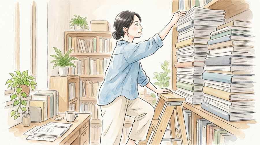 財政検証のデータを電卓で確認する知的な女性