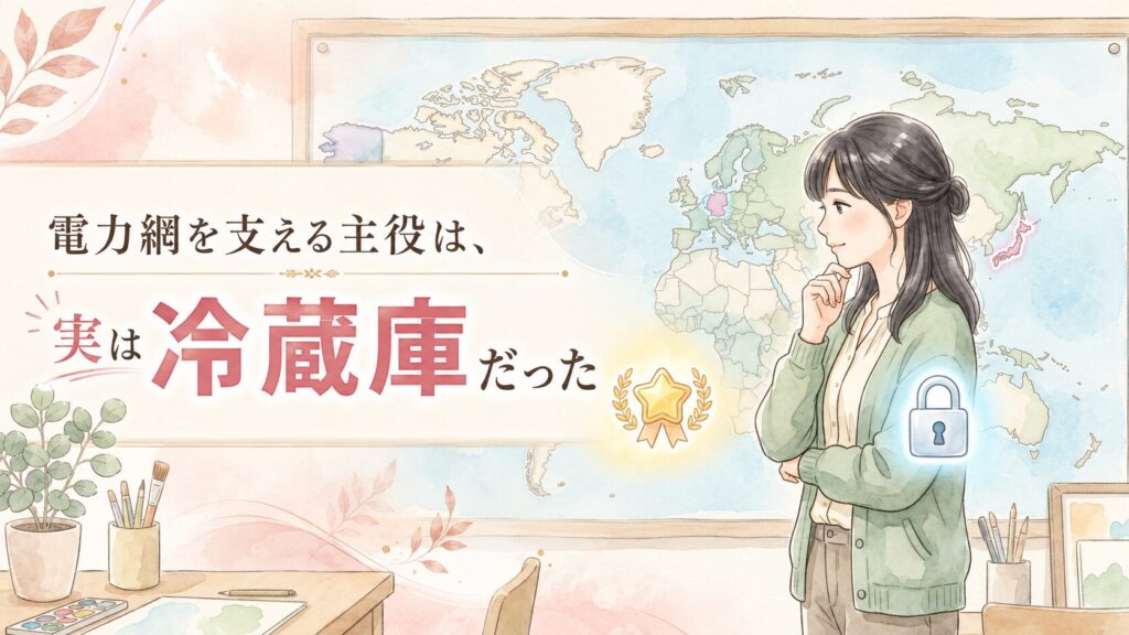 デマンドレスポンス仕組みを説明する知的な女性のイラスト