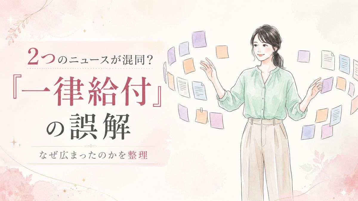 マイナンバー現金給付の報道内容を資料で整理する知的な女性