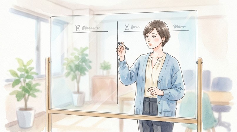 決定事項と検討段階の違いを図で整理する女性