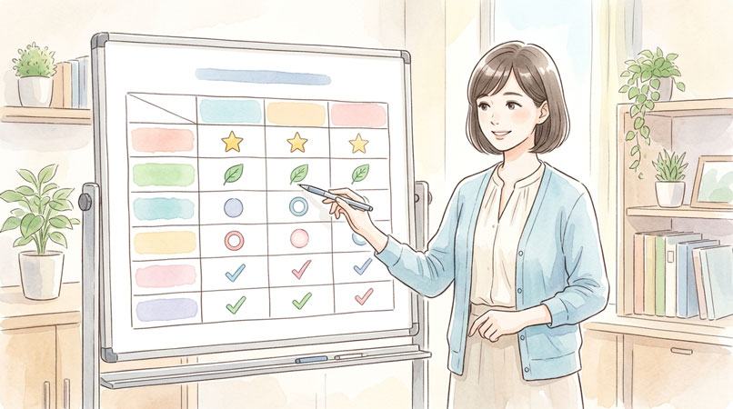 複数の支援制度を表で比較しながら確認する女性