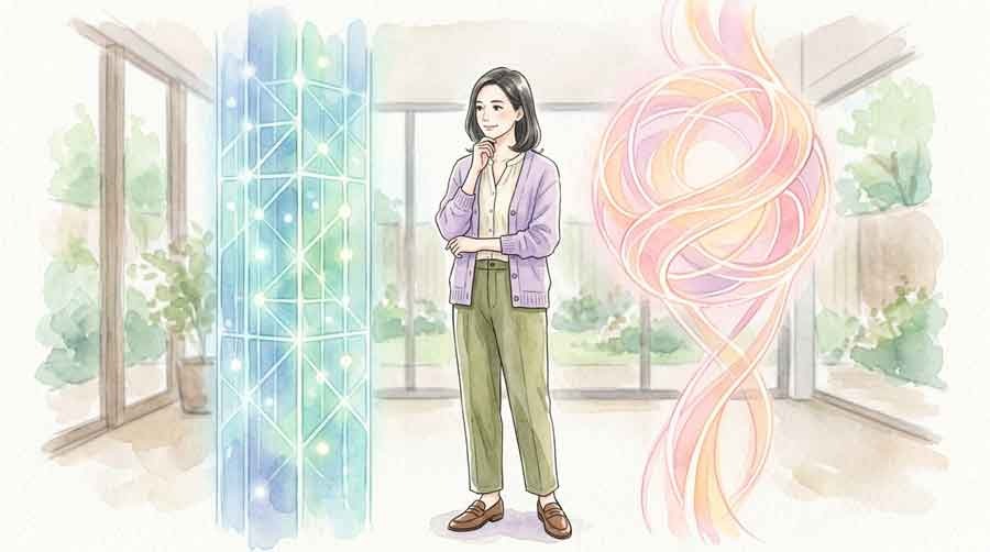 量子コンピューターの仕組みを見つめる知的な女性、光る演算装置の前で