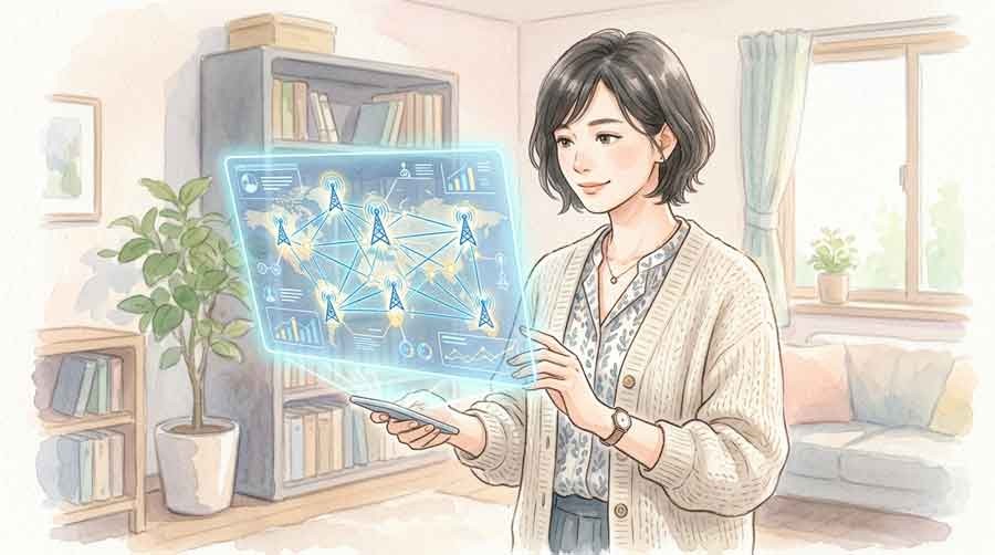 通信ネットワークの予測実験について調べる知的な女性