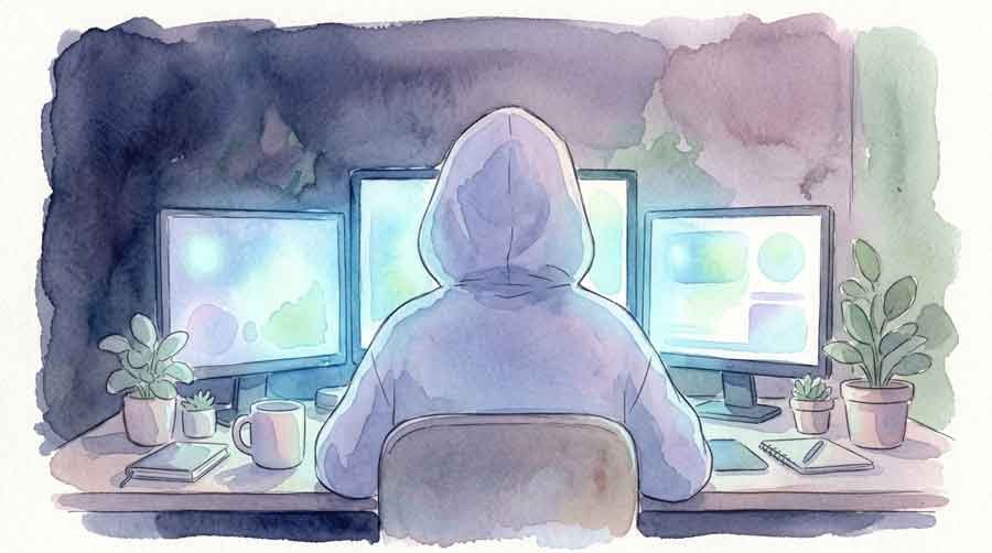覆面をした人物とパソコンのシルエット