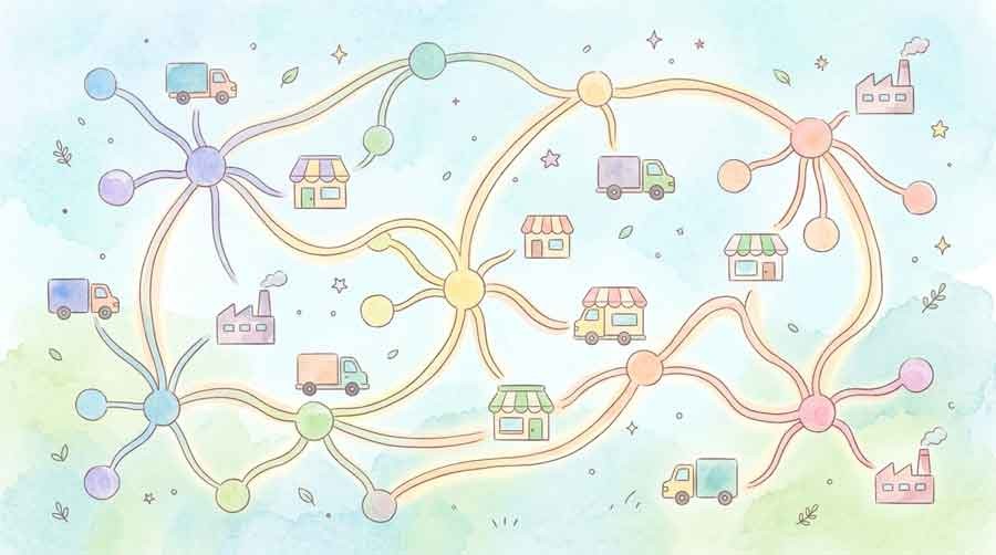 複数の企業がつながるネットワーク図のイメージ